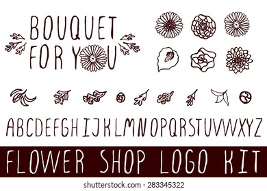 Logo kit with handsketched floral elements for flower shops. Bouquet for you