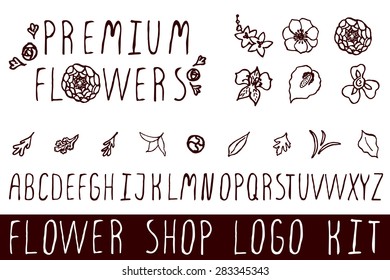 Logo kit with handsketched floral elements for flower shops. Premium flowers