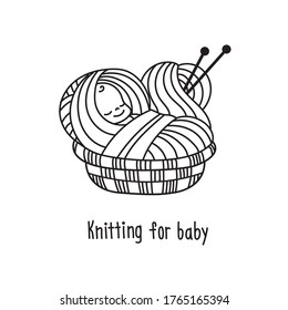 Logo knitting for kids. A child in a basket with balls of yarn. Vector icon, illustration. A child in a skein of yarn,