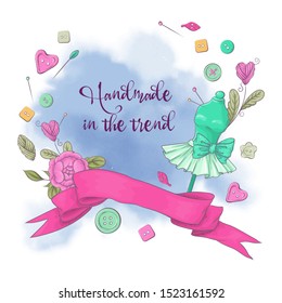Logo for knitting needlework in the style of hand drawing. Vector illustration