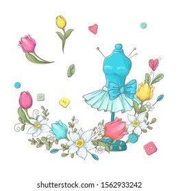 Logo for knitting needlework in the style of hand drawing. Vector illustration