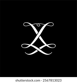 Logo L White Ornate X shaped design on black background. Suitable for elegant decor, invitations, patterns, packaging, or branding projects.