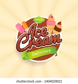 Logo, label and badges of ice cream with strawberry, avocado, chocolate taste delicious. Vector illustration for your design, packaging and advertising