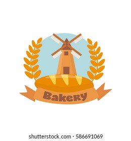 Logo, label and logo for a bakery with a picture of the fresh pastries and the mill is decorated with ears of wheat and ribbon banner. Vector images in cartoon style