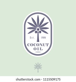 Logo and label for coconut oil for packaging. Coconut tree with letters in a rounded icon. Engraving style.