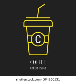Logo or label Coffee. Line style logotype template with coffee cup. Easy to use business template. Vector abstract logo or emblem.