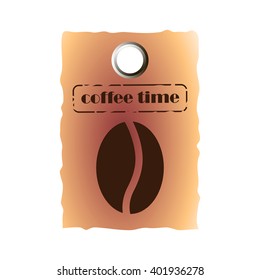 Logo label. Coffee time. Brown coffee beans with a scratched seal.