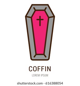 Logo or label coffin. Line style logotype. Easy to use coffin template. Vector abstract sign or emblem.