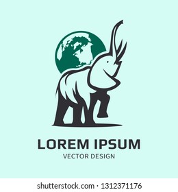 Logo and label for design your project. Dark grey elephant, green earth, lettering, calligraphy vector illustration isolated on light blue background. Animal, nature conept