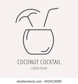 logo or label drink. Line style logotype template with coconut cocktail. Easy to use business template. Vector abstract logo or emblem.