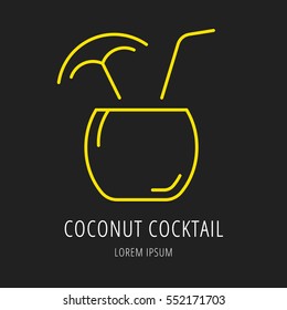 logo or label drink. Line style logotype template with coconut cocktail. Easy to use business template. Vector abstract logo or emblem.