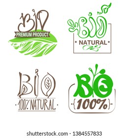 Logo label eco, bio, natural on a white background.Gmo free, calligraphic handwriting lettering with leaf, cube, drop. natural food sticker eps 10