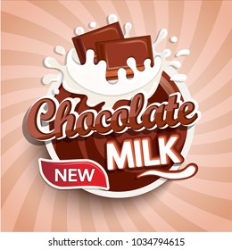 Logo, label of fresh chocolate milk on sunburst background. Milky splashing with drops from falling pieces of delicious chocolate. Vector illustration for your design, packaging and advertising.