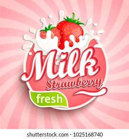 Logo, label of fresh strawberry milk on sunburst background. Milky splashing with drops from falling delicious strawberries. Vector illustration for your design, packaging and advertising.