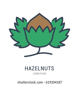 Logo or label hazelnuts. Line style logotype. Easy to use hazelnuts template. Vector abstract sign or emblem.
