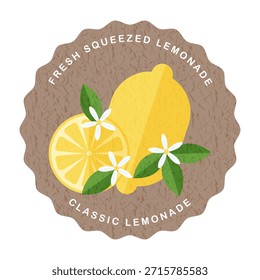 Logotipo o etiqueta para limonada. Ilustración de estilo plano de Antiguas sobre fondo marrón texturizado. Inscripciones limonada fresca exprimida. Imagen para el diseño de envases, Anuncios publicitarios, menús o señalización.