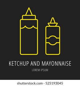 logo or label meal. Line style logotype  with ketchup and mayonnaise. Easy to use business template. Vector abstract  or emblem.