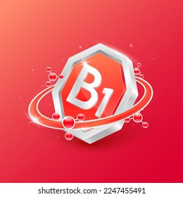 Logo label nutrition 3D silver. Vitamin B1 in octagon red shape and atom orbit around. Used for products food design. Protect your body keep healthy. Medical concepts. Isolated Vector EPS10.