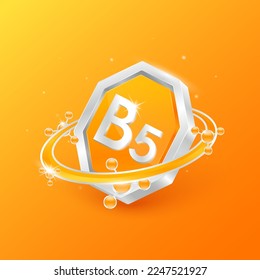 Logo label nutrition 3D silver. Vitamin B5 in octagon orange shape and atom orbit around. Used for products food design. Protect your body keep healthy. Medical concepts. Isolated Vector EPS10.