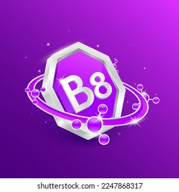 Logo label nutrition 3D silver. Vitamin B8 in octagon purple shape and atom orbit around. Used for products food design. Protect your body keep healthy. Medical concepts. Isolated Vector EPS10.