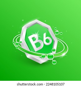 Logo label nutrition 3D silver. Vitamin B6 in octagon green shape and atom orbit around. Used for products food design. Protect your body keep healthy. Medical concepts. Isolated Vector EPS10.