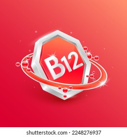 Logo label nutrition 3D silver. Vitamin B12 in octagon red shape and atom orbit around. Used for products food design. Protect your body keep healthy. Medical concepts. Isolated Vector EPS10.