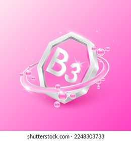 Etiqueta de logotipo nutrición plata 3D. Vitamina B3 en forma octogógona rosada y órbita átomo alrededor. Utilizado para el diseño de productos alimenticios. Proteja su cuerpo para mantenerse sano. Conceptos médicos. Vector aislado EPS10.