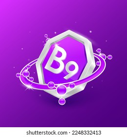 Logo label nutrition 3D silver. Vitamin B9 in octagon purple shape and atom orbit around. Used for products food design. Protect your body keep healthy. Medical concepts. Isolated Vector EPS10.