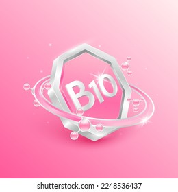 Logo-Label Ernährung 3D Silber. Vitamin B10 in Octagon-rosa Form und Atom-Umlaufbahn. Wird für die Produktgestaltung von Lebensmitteln verwendet. Schützen Sie Ihren Körper gesund. Medizinische Konzepte. Einzelne Vektorgrafik EPS10.