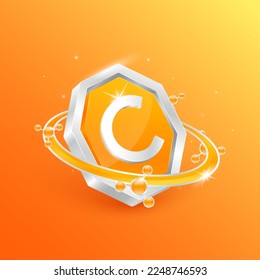 Logo label nutrition 3D silver. Vitamin C in octagon orange shape and atom orbit around. Used for products food design. Protect your body keep healthy. Medical concepts. Isolated Vector EPS10.