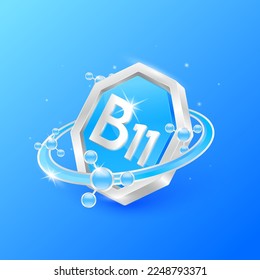 Logo label nutrition 3D silver. Vitamin B11 in octagon blue shape and atom orbit around. Used for products food design. Protect your body keep healthy. Medical concepts. Isolated Vector EPS10.