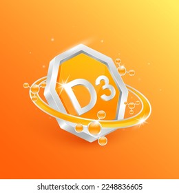 Logo label nutrition 3D silver. Vitamin D3 in octagon orange shape and atom orbit around. Used for products food design. Protect your body keep healthy. Medical concepts. Isolated Vector EPS10.