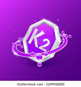 Logo label nutrition 3D silver. Vitamin K2 in octagon purple shape and atom orbit around. Used for products food design. Protect your body keep healthy. Medical concepts. Isolated Vector EPS10.