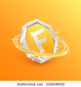 Logo label nutrition 3D silver. Vitamin F in octagon orange shape and atom orbit around. Used for products food design. Protect your body keep healthy. Medical concepts. Isolated Vector EPS10.