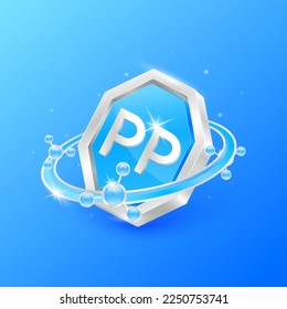 Logo label nutrition 3D silver. Vitamin PP in octagon blue shape and atom orbit around. Used for products food design. Protect your body keep healthy. Medical concepts. Isolated Vector EPS10.