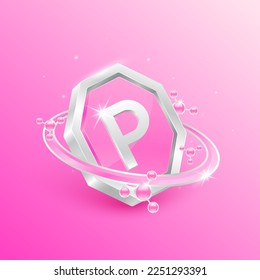 Etiqueta de logotipo nutrición plata 3D. Vitamina P en forma octogógona rosada y órbita átomo alrededor. Utilizado para el diseño de productos alimenticios. Proteja su cuerpo para mantenerse sano. Conceptos médicos. Vector aislado EPS10.