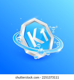 Logo label nutrition 3D silver. Vitamin K1 in octagon blue shape and atom orbit around. Used for products food design. Protect your body keep healthy. Medical concepts. Isolated Vector EPS10.