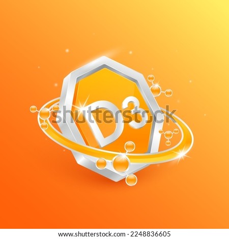 Logo label nutrition 3D silver. Vitamin D3 in octagon orange shape and atom orbit around. Used for products food design. Protect your body keep healthy. Medical concepts. Isolated Vector EPS10.
