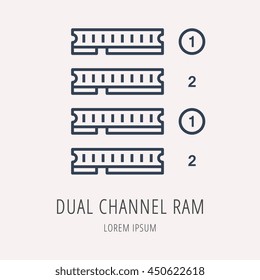 logo or label PC upgrading. Line style logotype template with dual channel ram. Easy to use business template. Vector abstract emblem.
