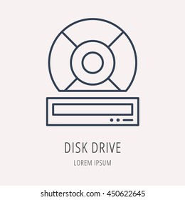 logo or label PC upgrading. Line style logotype template with disk drive. Easy to use business template. Vector abstract emblem.