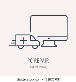 logo or label PC upgrading. Line style logotype template with PC repair. Easy to use business template. Vector abstract emblem.