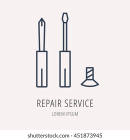 logo or label PC upgrading. Line style logotype template with repair service. Easy to use business template. Vector abstract emblem.