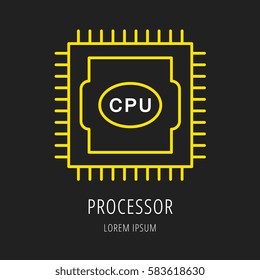 logo or label PC upgrading. Line style logotype template with CPU. Easy to use business template. Vector abstract emblem.
