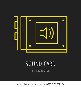 logo or label PC upgrading. Line style logotype template with sound card. Easy to use business template. Vector abstract emblem.