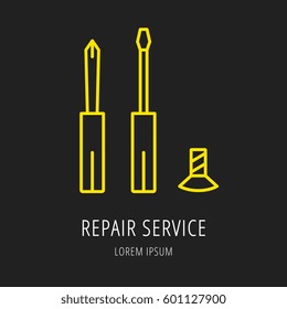 logo or label PC upgrading. Line style logotype template with repair service. Easy to use business template. Vector abstract emblem.