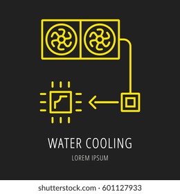 logo or label PC upgrading. Line style logotype template with water cooling. Easy to use business template. Vector abstract emblem.