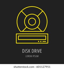 logo or label PC upgrading. Line style logotype template with disk drive. Easy to use business template. Vector abstract emblem.