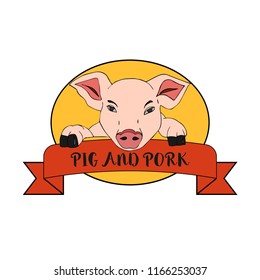 Logo or label with pig and pork. Vector illustration.