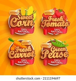 Logo, label or sticker of fresh tomato,corn,carrot,pea on sunburst background. Natural, organic food.Concept for farmer markets, shops, packing and packages, advertising design.Vector illustration.