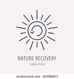 Logo Or Label With Sun For Nature Recovery. Line Style Logotype. Easy To Use Business Template. Vector Abstract Sign Or Emblem.